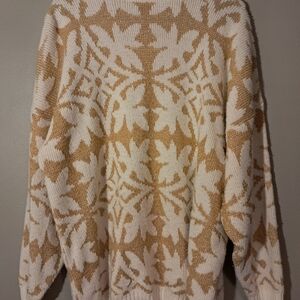 Elegant Tan and Cream Floral Cowl Neck Sweater
